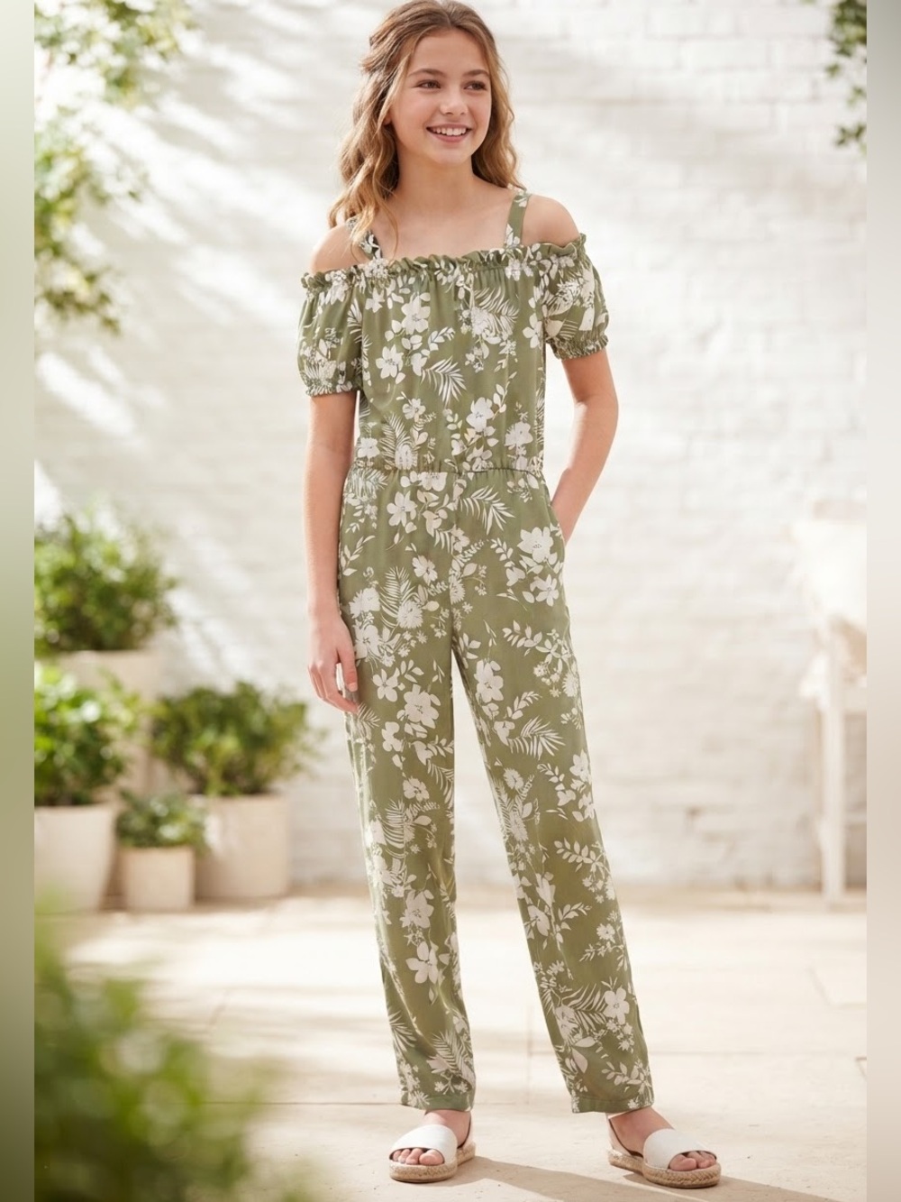 Olive Green Floral Off-Shoulder Jumpsuit *NWOT